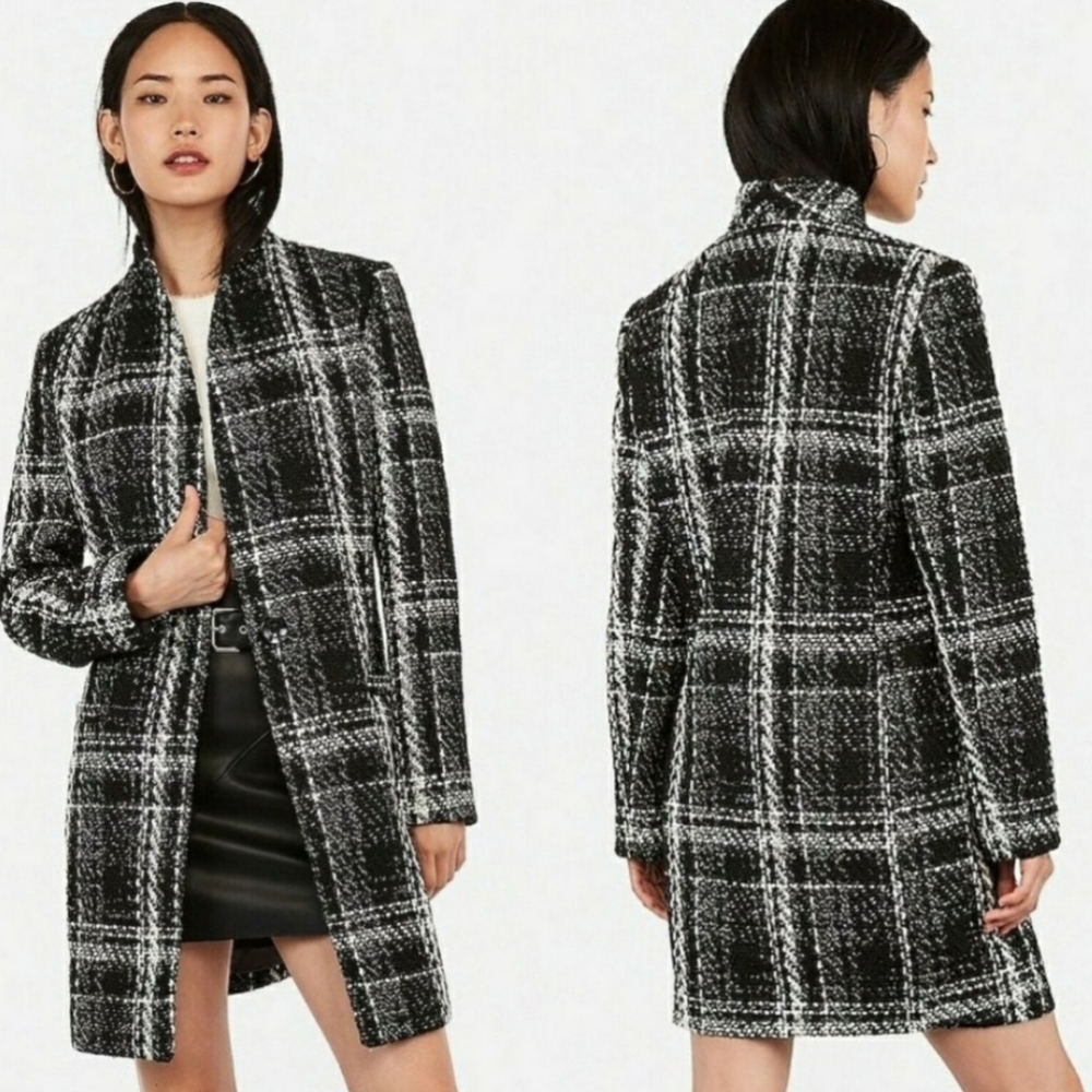 Express Black White Woven Plaid Collarless One Button Long Twead Coat Sz…